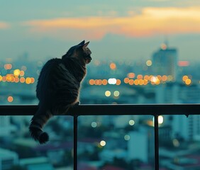 Sticker - A cat is sitting on a railing in front of a blurred city background. AI.