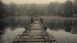 © AkuAku - The forlorn scenery of the aged pier by the lake surrounded by fractured planks meandering towards the tranquil waters with a woodland backdrop