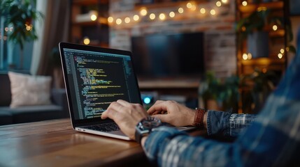 a programmer working on a laptop with code on the screen. the laptop is on a wooden table in a cozy 