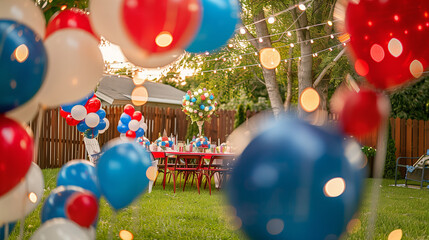 Sticker - a  of a backyard party with red, white, and blue decorations and lights, Patriotism, Fourth of July, Balloon, Party, Social Event, Celebration, Celebration Event, Ind