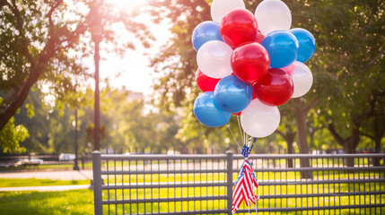 a detailed image of red, white, and blue balloons tied to a fence at a park, Patriotism, Fourth of July, Balloon, Party, Social Event, Celebration, Celebration Event, Independence