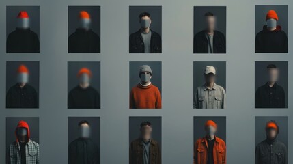 A grid of 15 portraits, each featuring a person with their face blurred. The individuals are dressed in casual attire, creating a sense of anonymity and mystery.