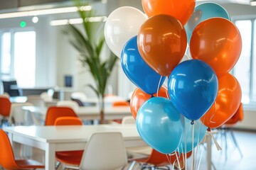 Poster - A cluster of balloons in corporate colors, blue, orange, and white, decorate an office event space. Generative AI