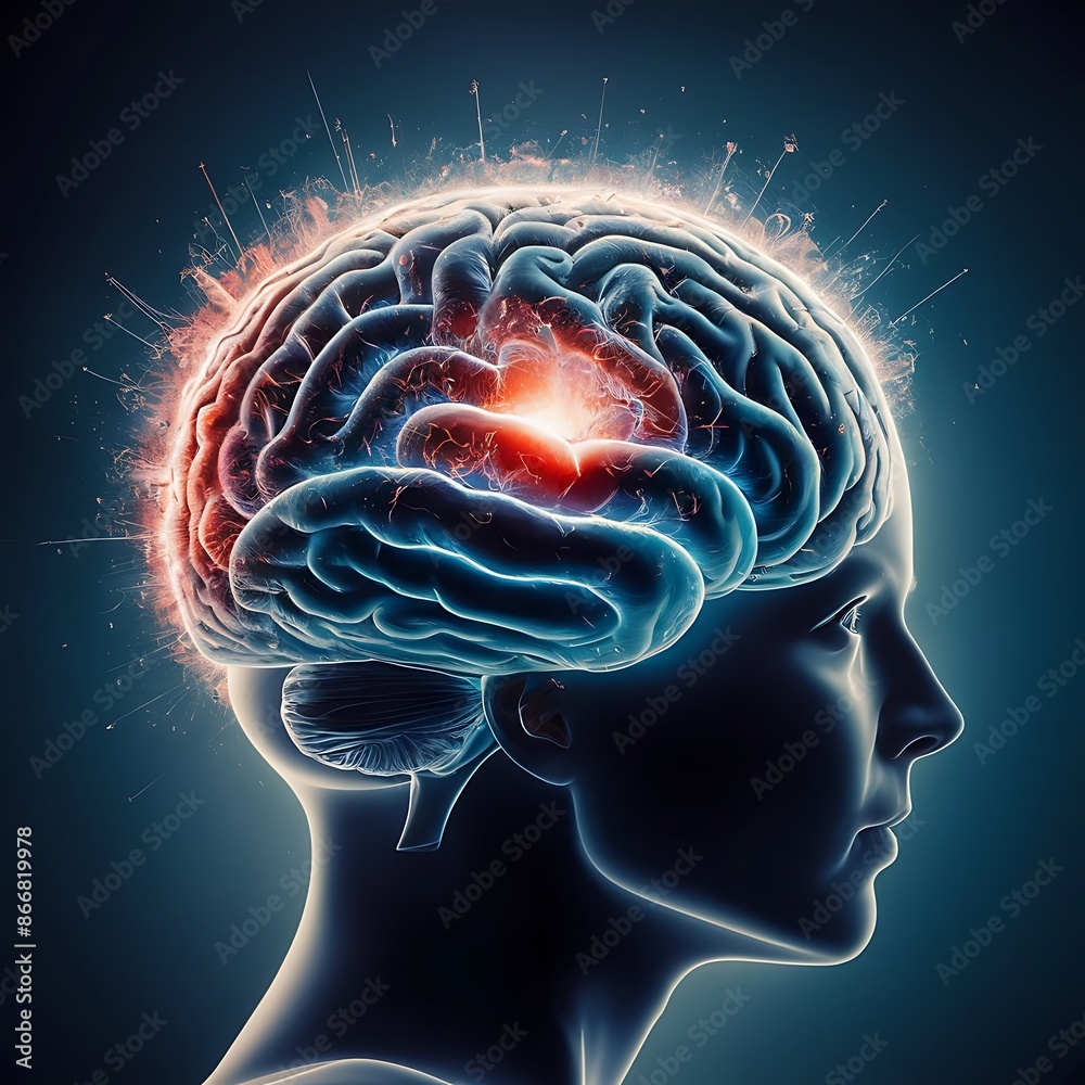 A human brain in concept art that is bursting with knowledge and ...
