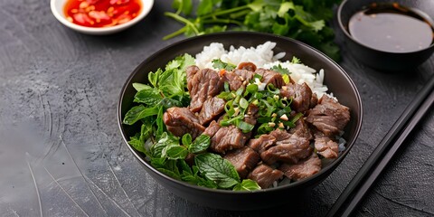 Wall Mural - Vietnamese Com Bo Luc Lac Savory Beef with Fragrant Rice. Concept Vietnamese Cuisine, Com Bo Luc Lac, Beef Recipe, Fragrant Rice, Savory Dish