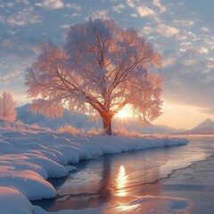 Wall Mural - AI illustration of a stunning winter landscape with a frosted tree by a frozen lake at sunrise.