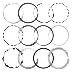Wall Mural - Grunge circle frames. Abstract round borders. Diverse textured rings. Vector graphic design.