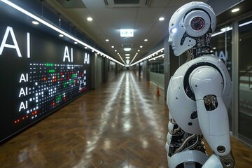 Poster - AI display in modern hallway, highlighting advanced technology and artificial intelligence in a high tech environment