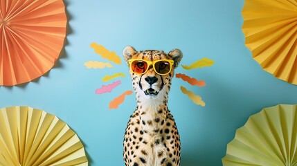 Canvas Print - Cheetah Wearing Sunglasses Surrounded by Colorful Paper Fans