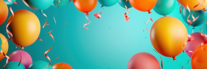 Poster - A festive atmosphere with colorful balloons and streamers in an office setting. Generative AI
