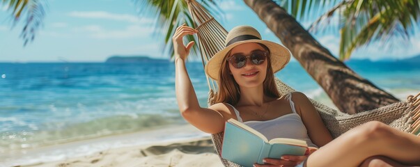 Wall Mural - Young woman relaxing in a hammock by the sea, reading a book under the shade of palm trees