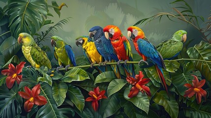 Wall Mural - Colorful Parrots Amidst Lush Tropical Foliage