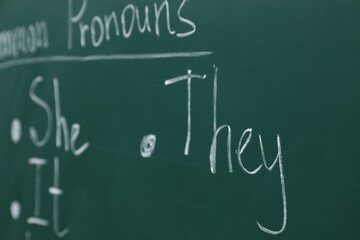 Wall Mural - English grammar rules written with chalk on green board, closeup