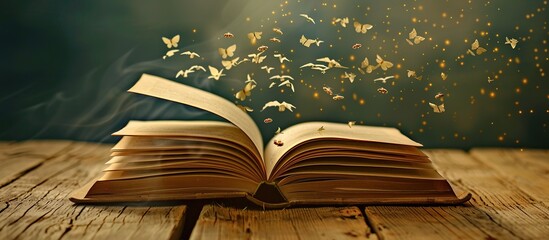 Poster - Old opened book with characters flying out of pages.