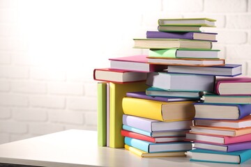 Wall Mural - Stacks of many colorful books on white wooden table against brick wall. Space for text