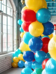 Poster - A cluster of vibrant yellow, red, and blue balloons adorns an office space for a celebratory corporate event. Generative AI