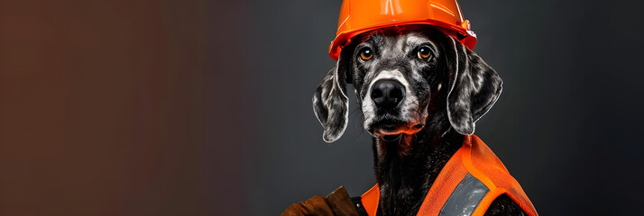 Wall Mural - A dog wearing an orange hard hat and a reflective vest looks like a construction worker.