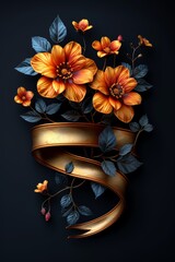 Wall Mural - Golden Ribbon and Orange Flowers