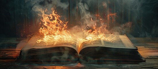 Poster - Flaming open hardcover book on a table.