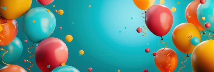 Poster - A festive office event with colorful balloons floating in the air against a blue background. Generative AI