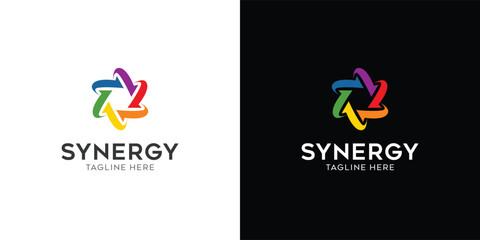 Synergy logo, concept of two or more entities working together. Interlocking circles symbolize the coming together of various elements