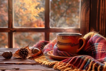 Wall Mural - Steaming cup of hot coffee placed on a wooden table with autumn-themed decor