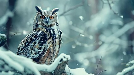 Video of large owl is sitting on a snowy branch. The owl is surrounded by snow, which creates a serene and peaceful atmosphere.