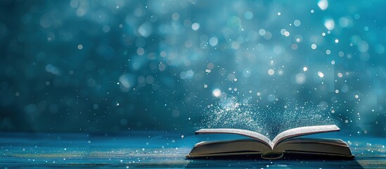 Poster - Open book with magical sparkling lights and connected stars concept.