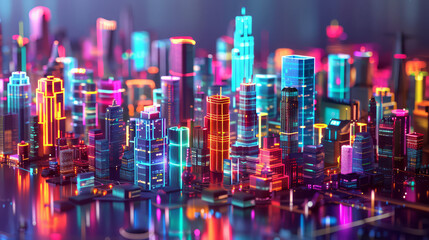 3D Rendering of visual city. Hologram of urban city area in dark mode. 
