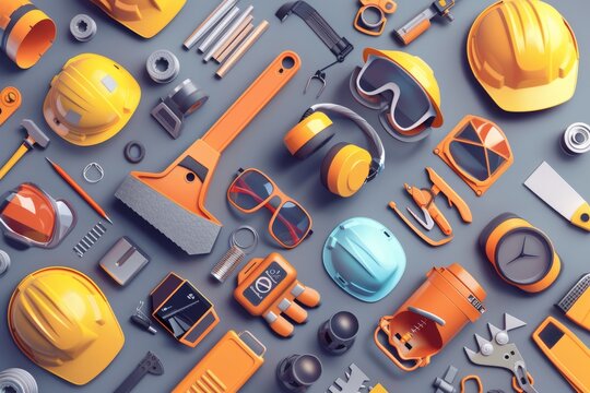 Worker with safety and health work protection equipment construction industry tools set background