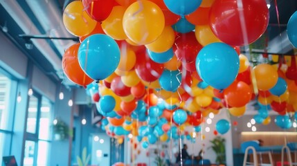 Poster - A cluster of colorful balloons, likely in corporate colors, hangs from the ceiling of a modern office space. Its a festive setting for a celebratory event. Generative AI
