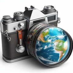 Camera with planet earth world photography day isolated on a white background