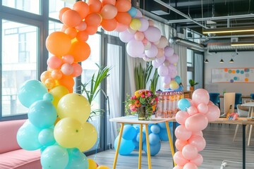 Poster - A colorful balloon arch decorates an office event, with balloons in corporate colors. Generative AI