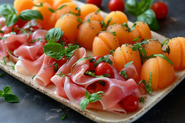 Wall Mural - A plate of food with ham, tomatoes, and oranges