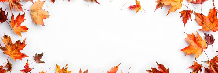 Autumn background with maple leaves on white background. Happy Thanksgiving day. Frame of fall decorations. Flat lay composition, top view. Mockup for invitation, greeting, header