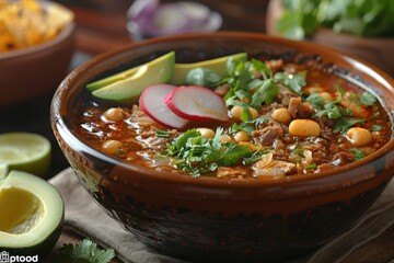 Wall Mural - A bowl of pozole rojo, with tender pork, hominy, and a rich red chili broth, garnished with shredded cabbage, radishes, avocado slices, and lime wedges