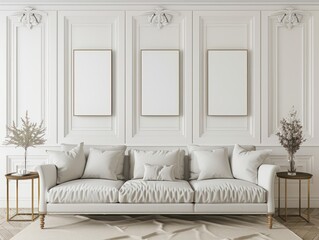 Contemporary classic white beige living room with three picture frames and decor on stucco wall mockup