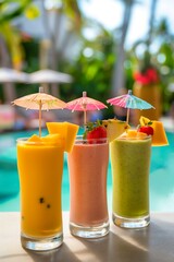 Wall Mural - By the poolside, enjoy a refreshing and nutritious fruit smoothie with mango, pineapple, and papaya.