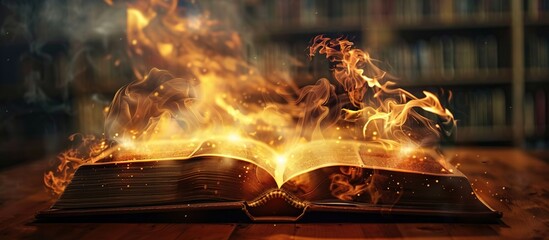Poster - Open book on wooden table and burning on dark background.