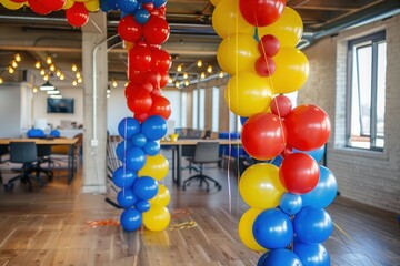 Poster - Two balloon arches, in red, yellow, and blue, decorate an office space for a celebratory event. Generative AI