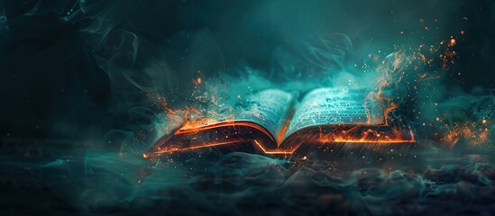 Poster - Magic book of knowledge with powerful light on dark mystic background.