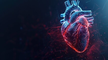 Poster - Abstract digital human heart with medical symbols and data visualizations on a dark background.