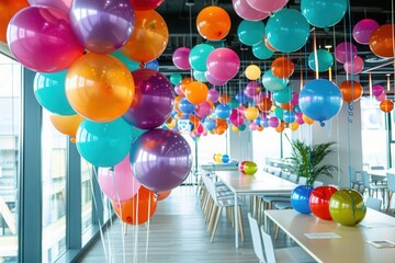 Poster - A modern office space is decorated for an event with colorful balloons hanging from the ceiling and arranged on tables. Generative AI