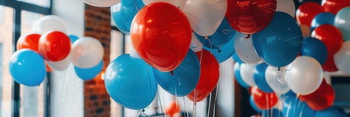 Poster - A close-up shot of red, white, and blue balloons in an office setting, likely for a celebratory event. Generative AI