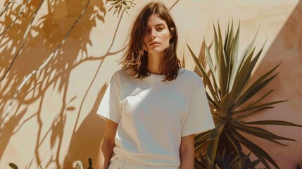 French woman in oversized white t-shirt with pastel colors posing in garden with yucca plant under sunny daylight