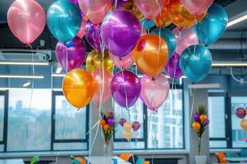 Poster - A group of colorful balloons hangs from the ceiling in a modern office, celebrating a company event. Generative AI