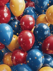 Poster - Close-up view of red, blue, and gold balloons floating in a cluster, decorating an office event. Generative AI