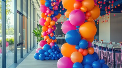Poster - Balloons in corporate colors decorate an office space for a company event. Generative AI