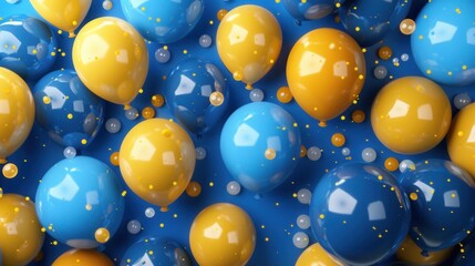 Poster - Close-up of blue and yellow balloons on a blue background, likely decorating an office event. Generative AI