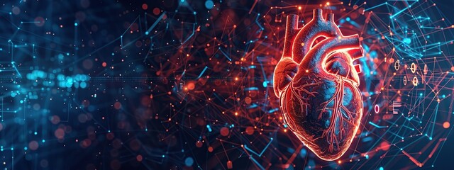 Poster - Abstract digital human heart with medical symbols and data visualizations on a dark background.